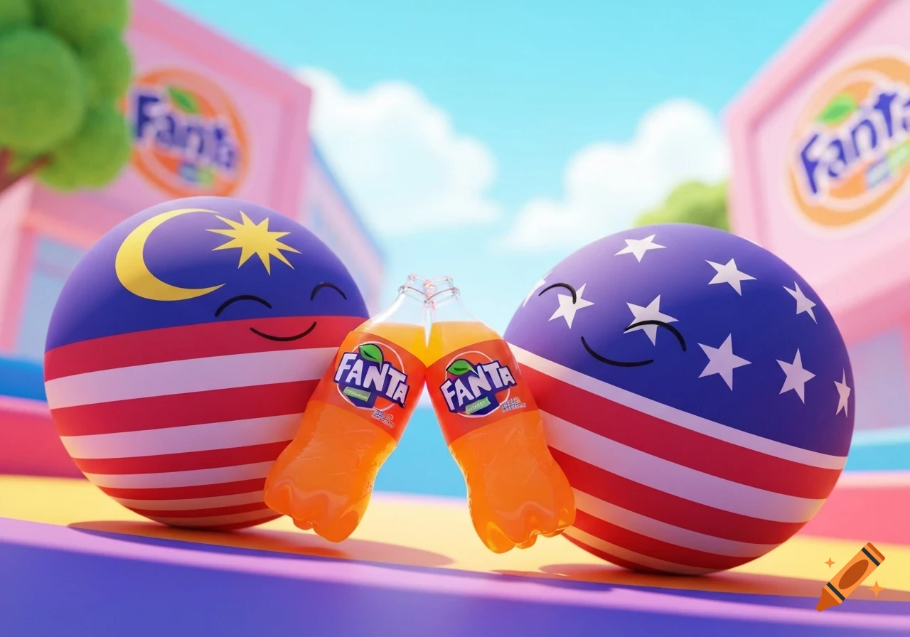Smiling countryballs of Malaysia and the USA clinking Fanta bottles in a vibrant, cartoon 3D style.