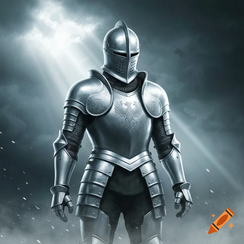 A knight in shining full plate armor stands under a dramatic cloudy sky with rays of light, light snow falling.