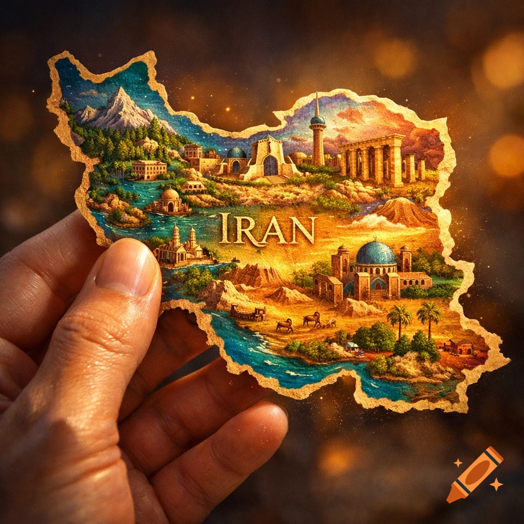 A hand holds a vibrant, detailed digital painting of Iran's map, featuring mountains, rivers, cities, and cultural landmarks.