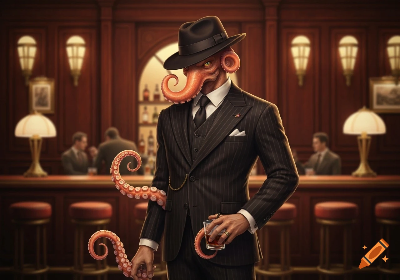 An anthropomorphic octopus man in a pinstripe suit and fedora holds a drink in a dimly lit bar.