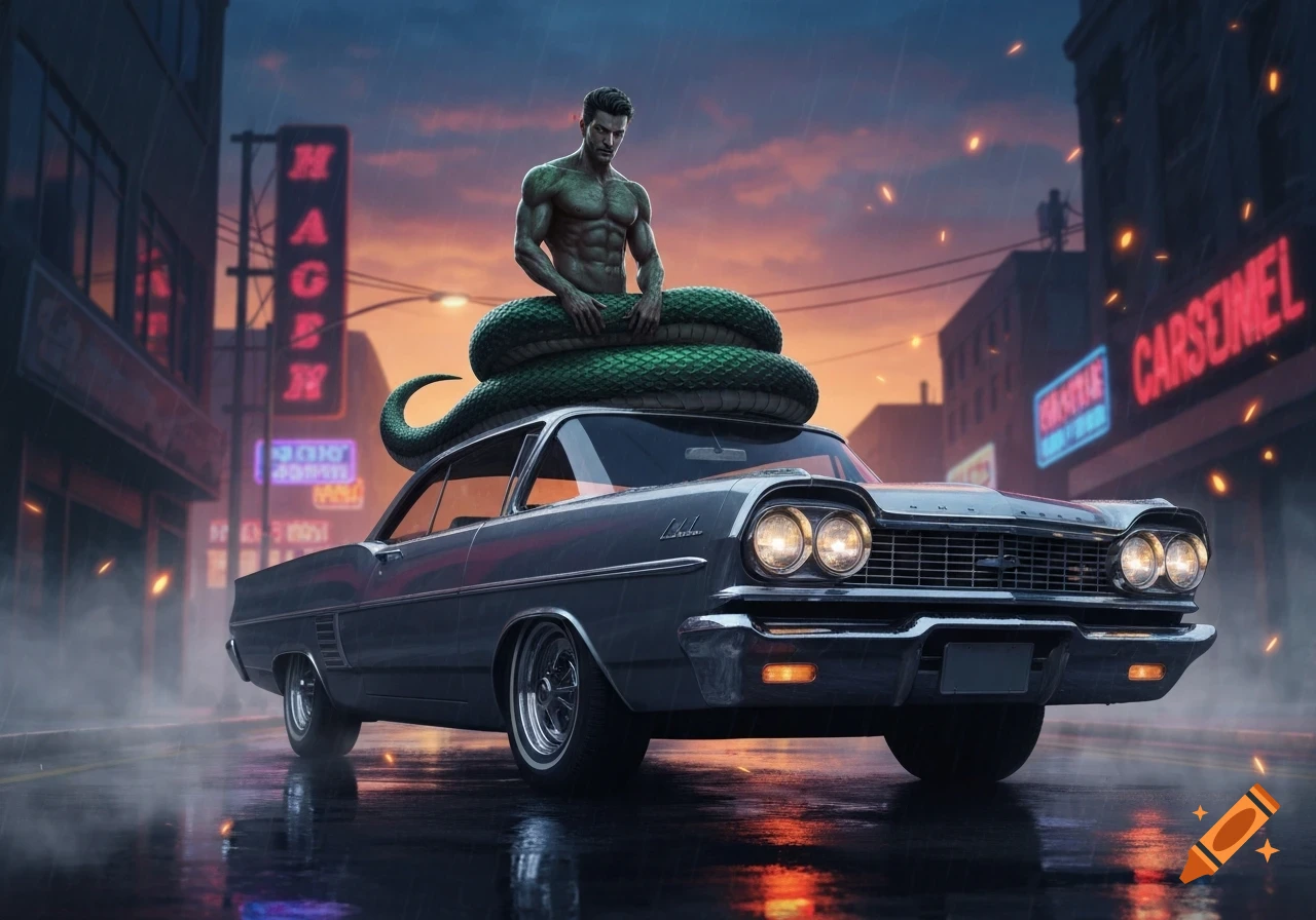 A muscular man with a green snake body sits on the roof of a classic grey car on a wet city street at dusk, with neon signs in the background.