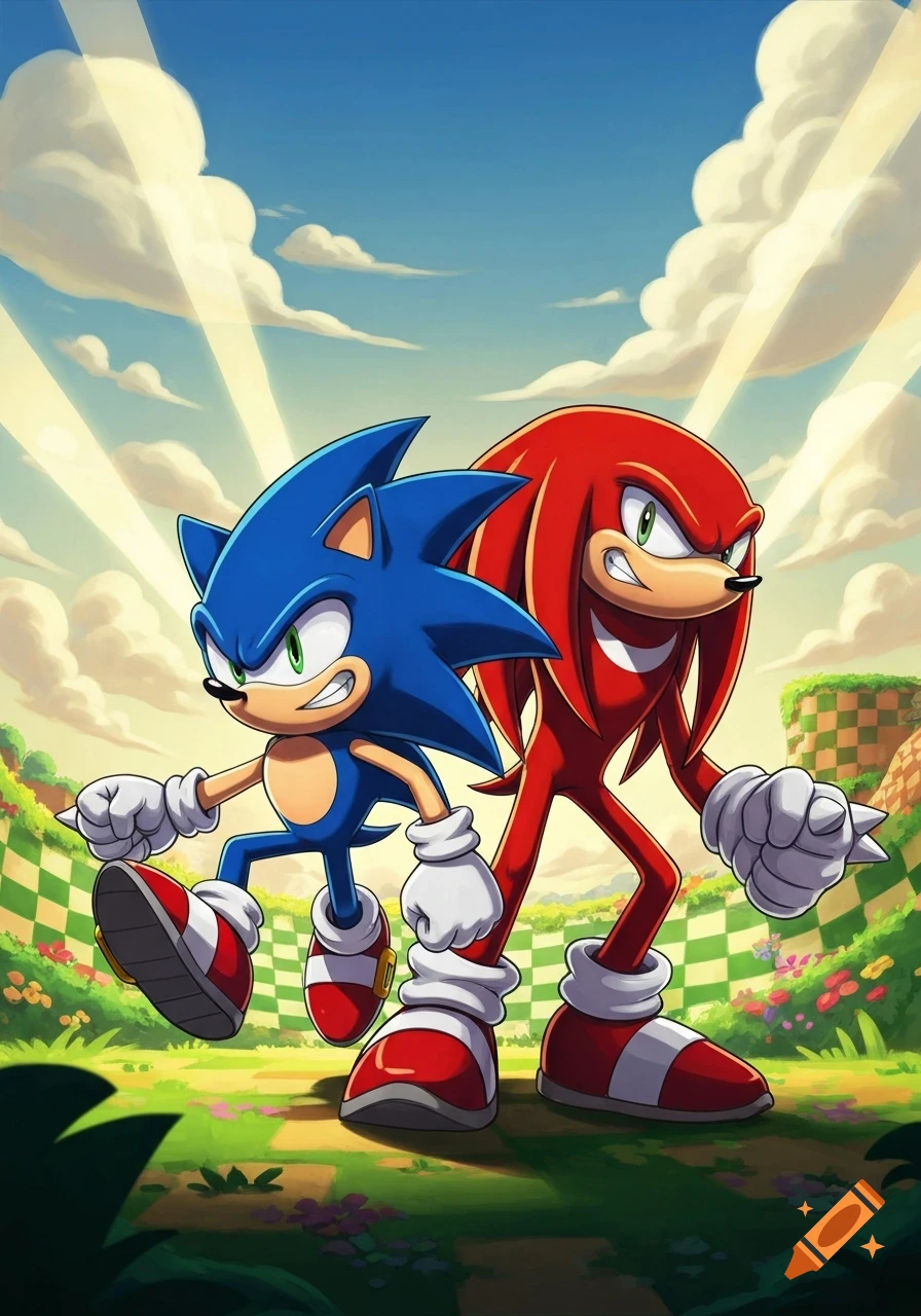 Sonic the Hedgehog and Knuckles the Echidna stand side-by-side in a vibrant, cartoon-style Green Hill Zone landscape under a sunny sky.