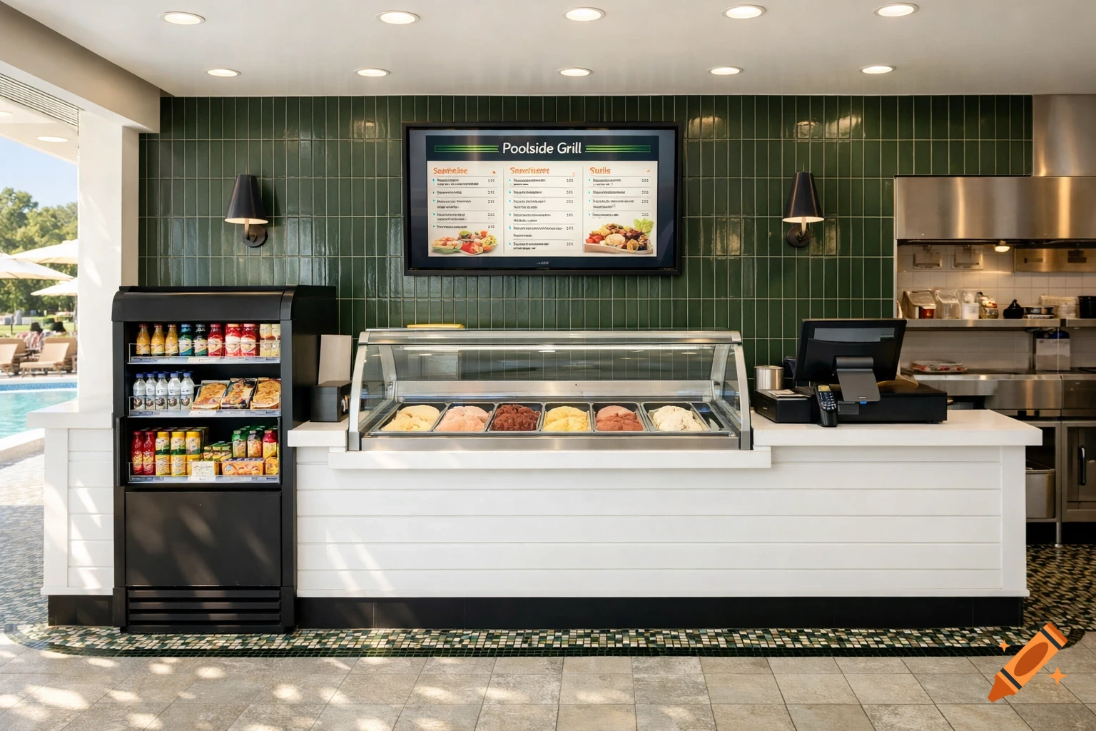 A modern retro poolside grill with a white shiplap counter, black grab-and-go fridge, ice cream display, and a menu TV on a dark green tiled wall.