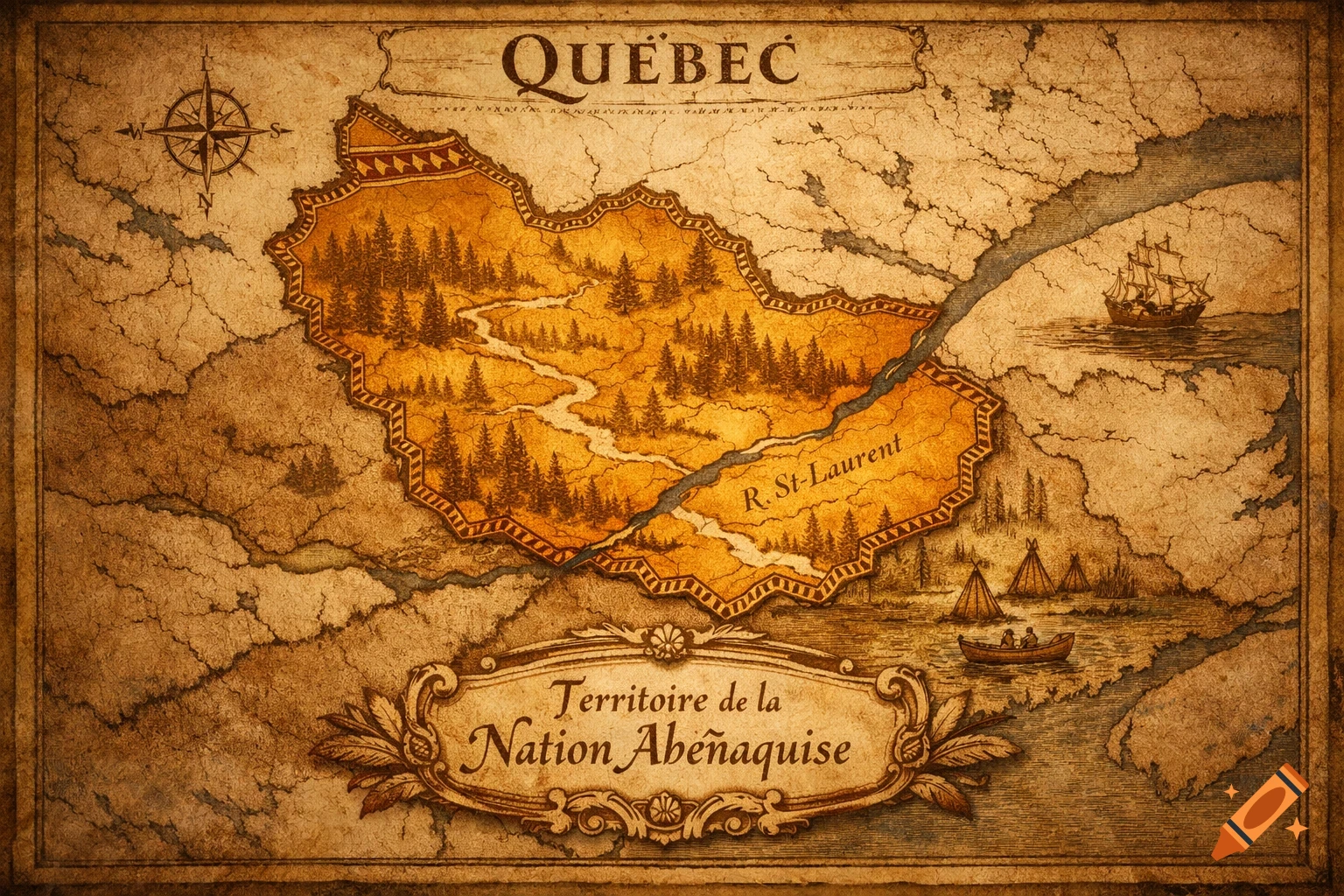 A vintage-style map of Quebec in sepia tones, highlighting the Abenaki Nation territory with forests, a river, a ship, canoes, and teepees.