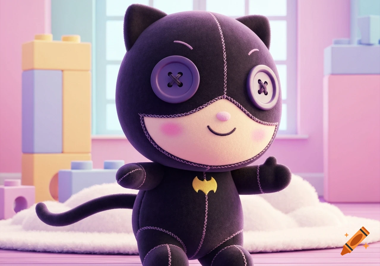 A cute plush Catwoman doll with button eyes and a yellow Bat-signal on its chest, sitting on a fluffy rug in a pink room.