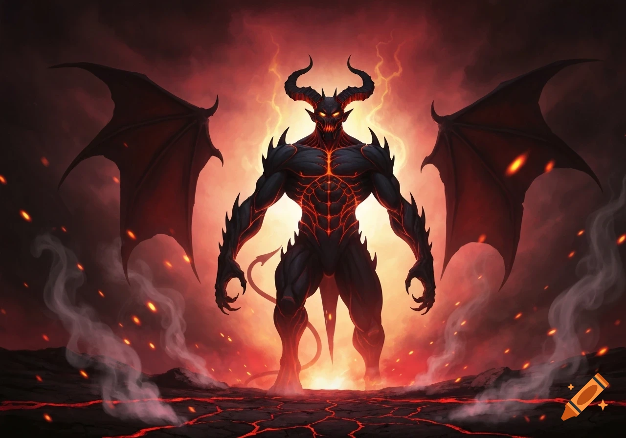 A powerful horned, winged devil with glowing red markings stands in a fiery, lava-filled hellscape.