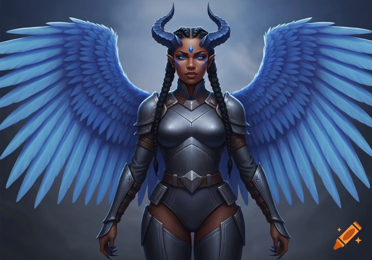 Fantasy character Aquilia with dark skin, braided hair, blue horns, glowing blue eyes, and large blue wings, wearing silver armor in a detailed style.