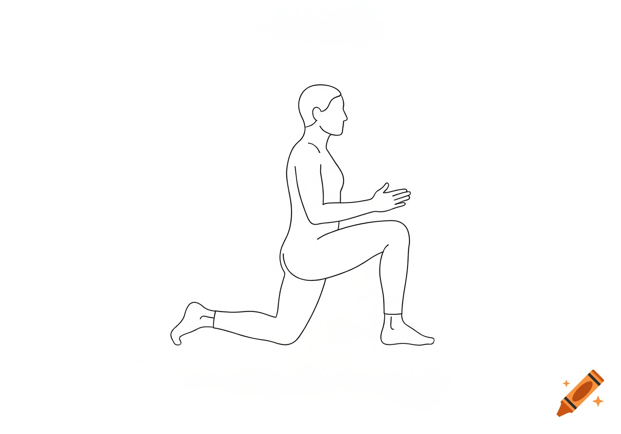 A simple line art illustration shows a person performing a low lunge exercise, with the back knee touching the ground, seen from the side.