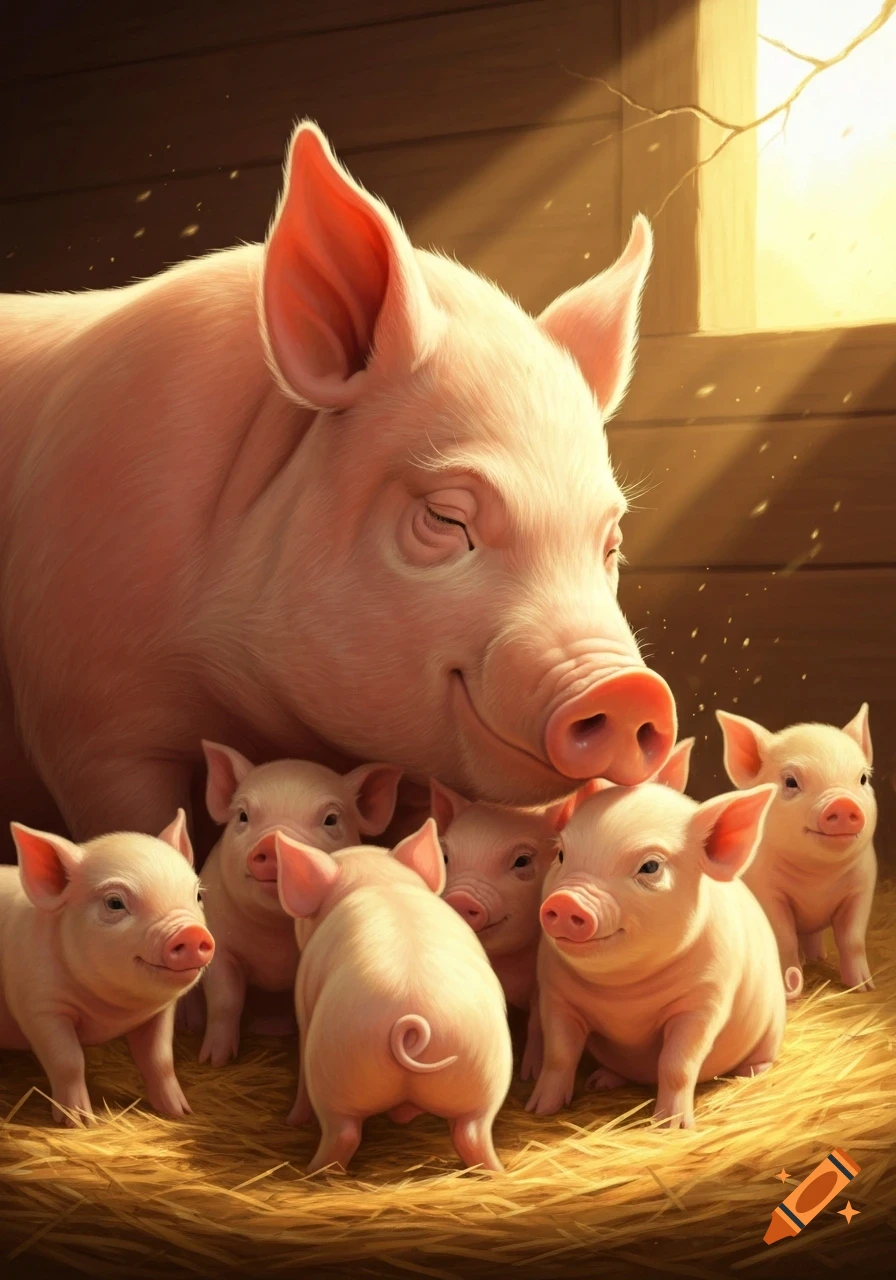 Photorealistic image of a mother pig and her five piglets resting on straw in a sunlit barn.