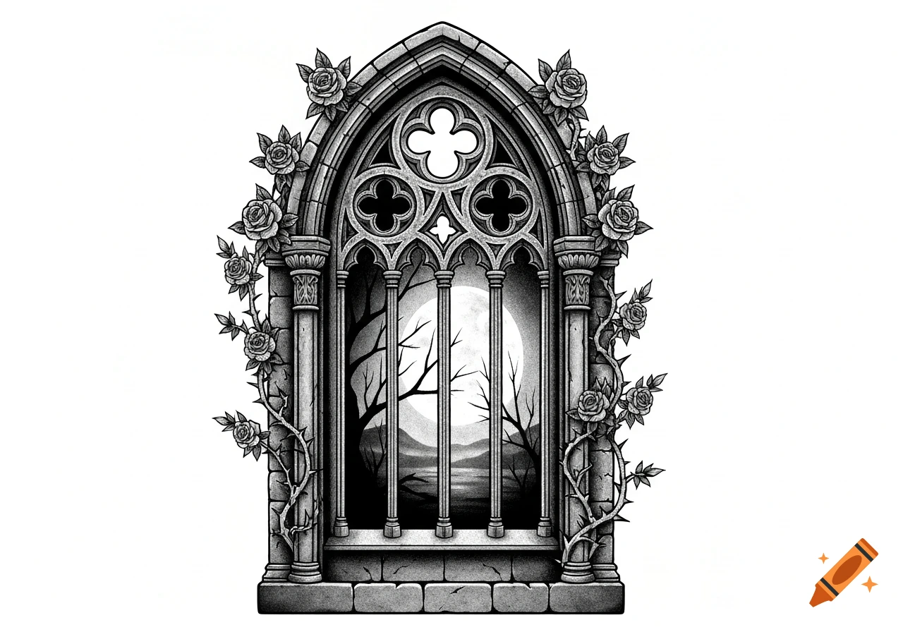 Black and grey gothic arched window tattoo design with climbing roses, framing a full moon and bare trees over a misty landscape.