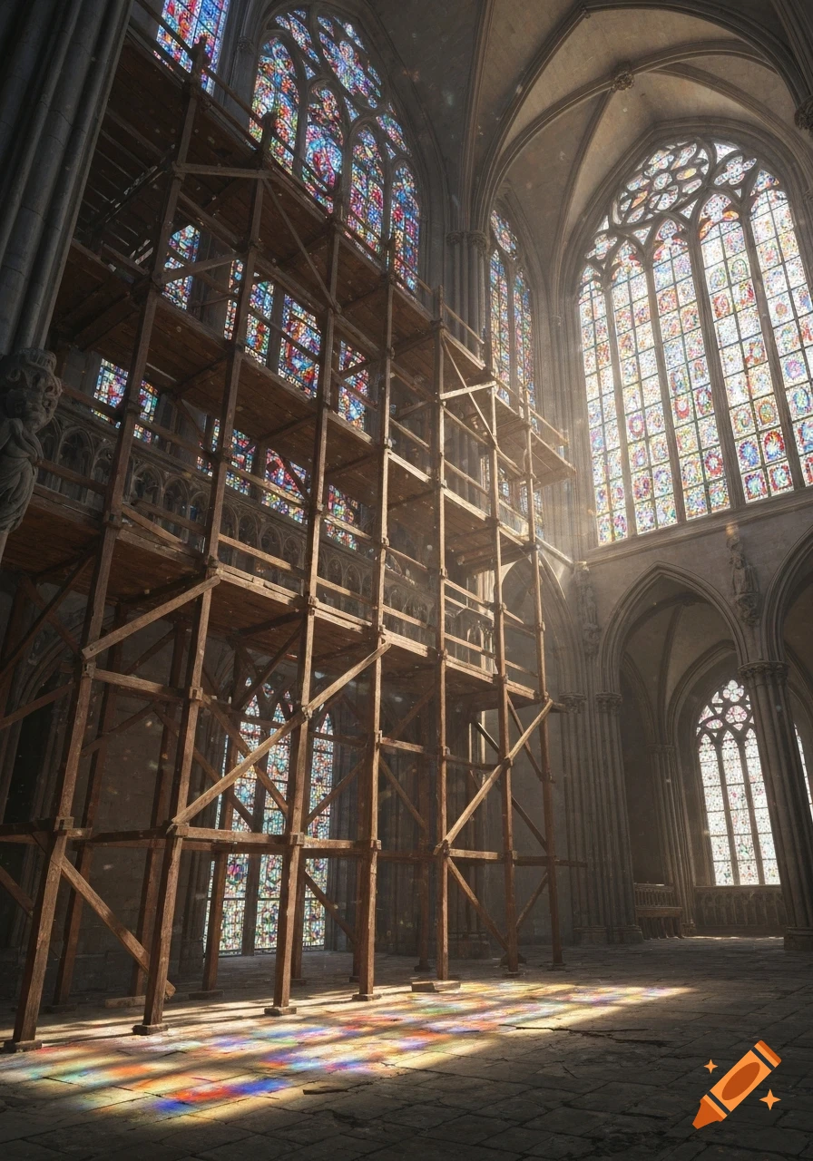 Photorealistic interior of a grand Gothic church with tall wooden scaffolding, colorful stained glass windows, and light on the floor.
