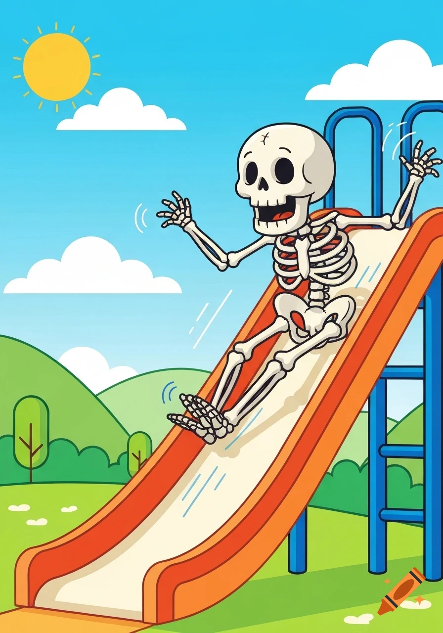 A cheerful cartoon skeleton slides down an orange and white playground slide on a sunny day with green hills in the background.