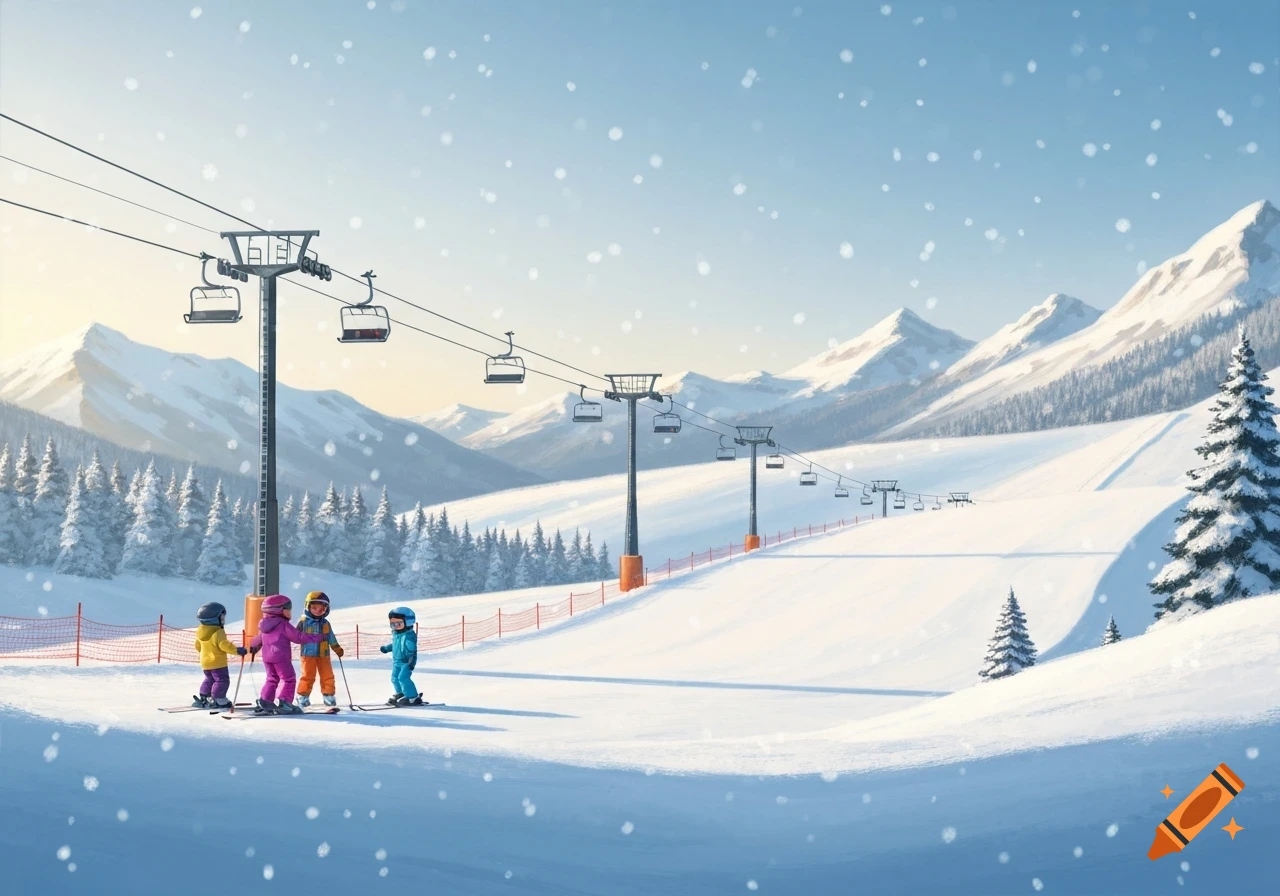 A snowy ski slope with chairlifts, mountains, pine trees, and four small children in colorful ski suits on skis.