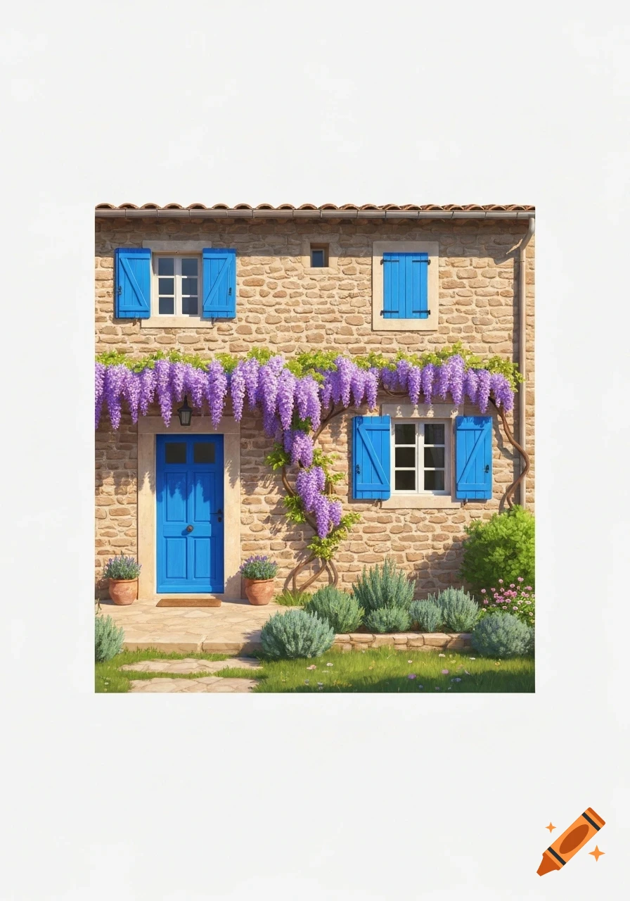 A charming Mediterranean stone house with bright blue shutters and door, adorned with purple wisteria, surrounded by a lush garden.