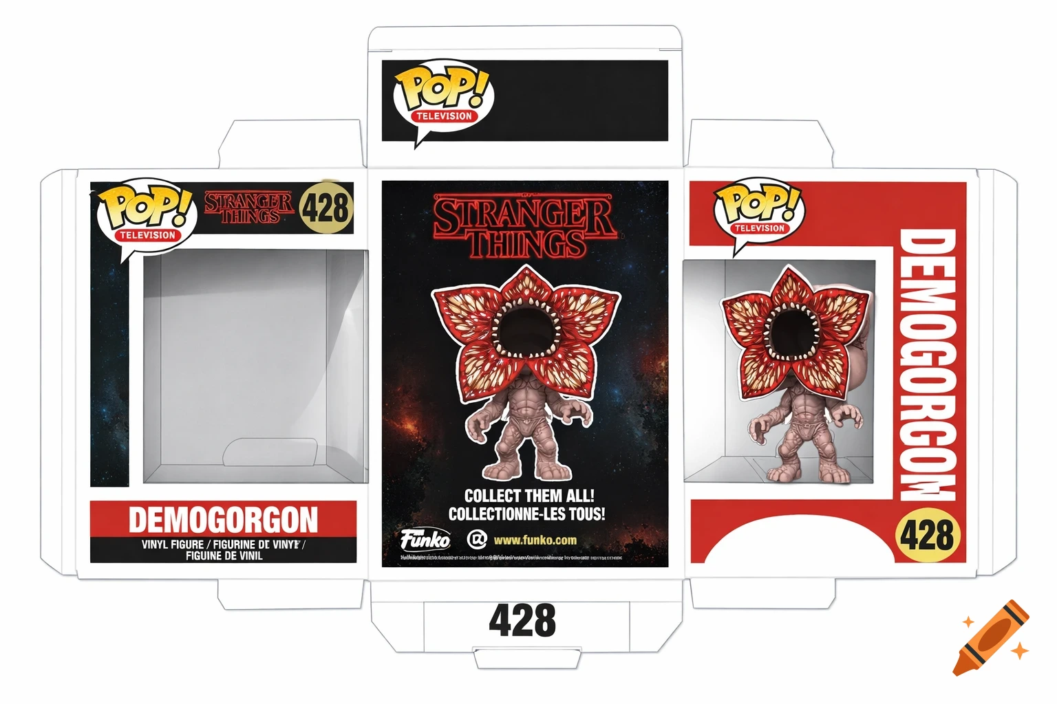 An unfolded Funko Pop box template for the Demogorgon from Stranger Things, featuring the stylized monster on a space background.