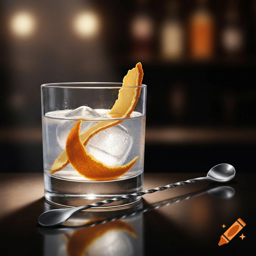 Photorealistic close-up of a clear drink with ice and orange peels in a glass, with a stirrer on a dark, reflective bar table.