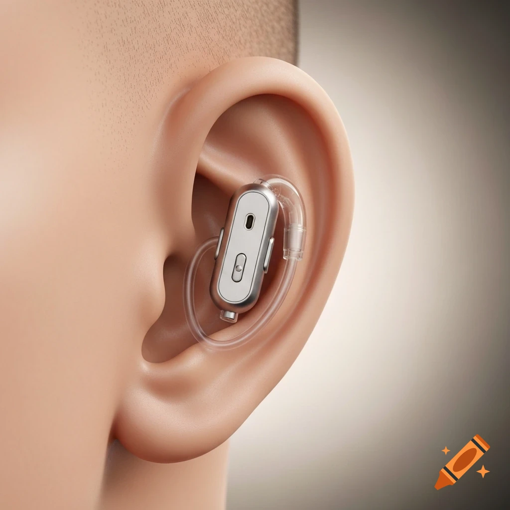 A photorealistic close-up of a silver hearing aid worn behind a human ear.