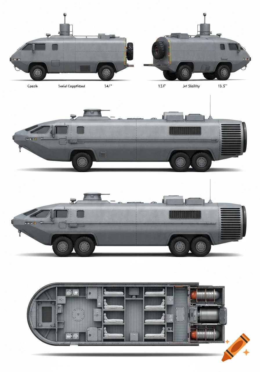 Multiple photorealistic views of a matte gray nuclear-powered amphibious submersible truck, including side profiles and a top-down interior floor plan showing bunks and reactor bay.
