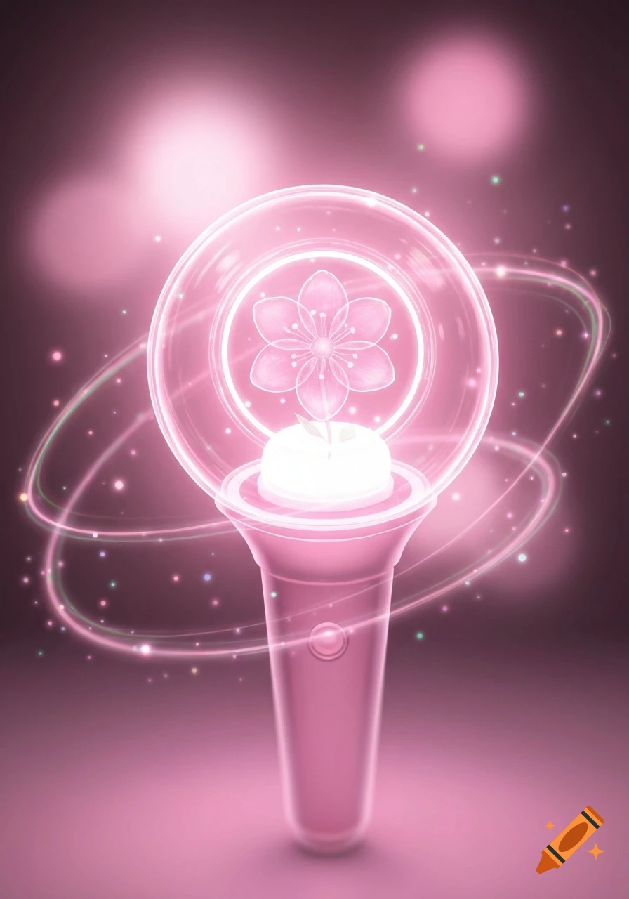 A glowing pink lightstick with a transparent dome, featuring a cherry blossom design and sparkling trails against a dark pink background.