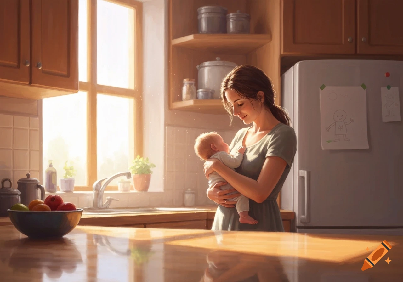 A smiling mother holds her baby in a sunlit kitchen with a fruit bowl on the counter and child's drawings on the fridge.