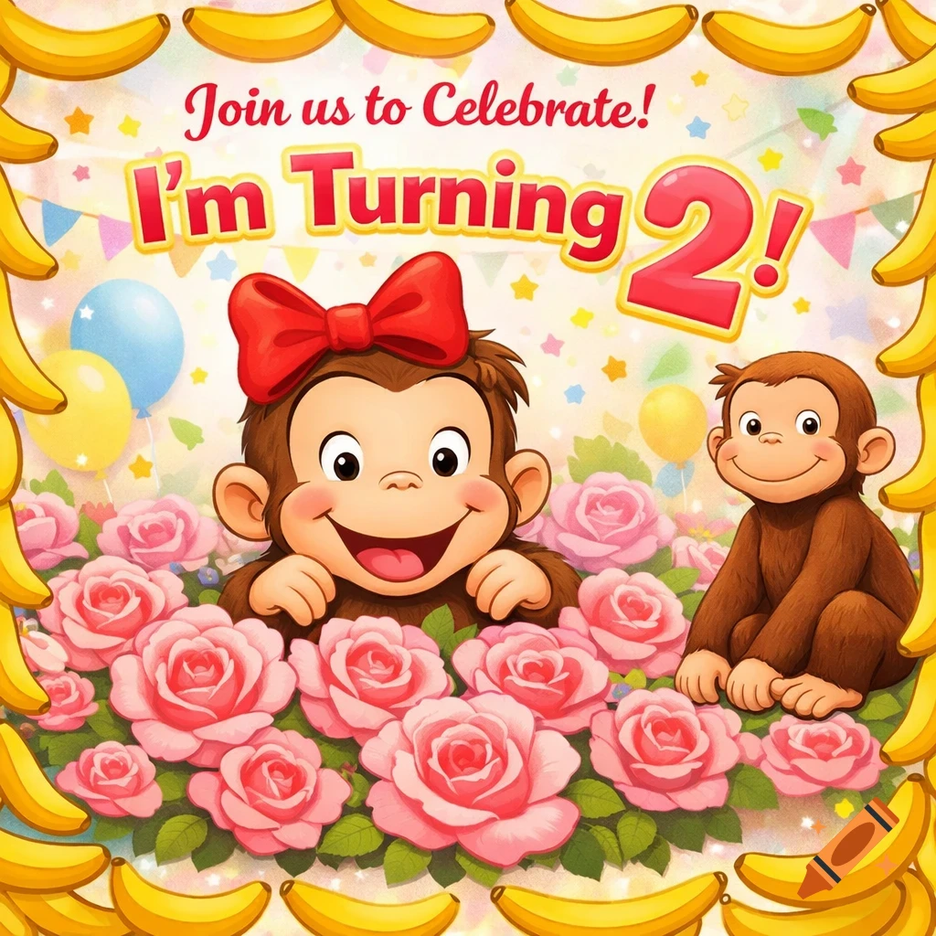 A cartoon birthday invitation featuring two monkeys, one with a red bow, in pink roses, bordered by bananas, with text 'I'm Turning 2!'.
