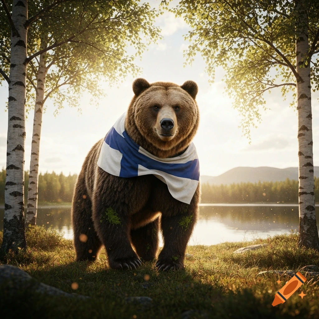 Photorealistic brown bear wearing a Finnish flag as a cape, standing in a sunlit forest clearing by a lake with birch trees.