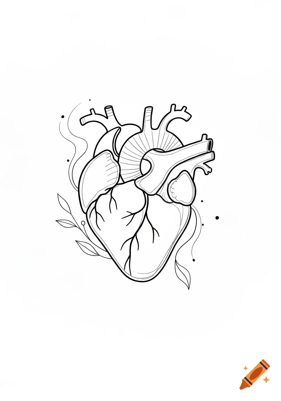 A detailed black and white line art illustration of an anatomical human heart, surrounded by decorative leaves and swirling lines.