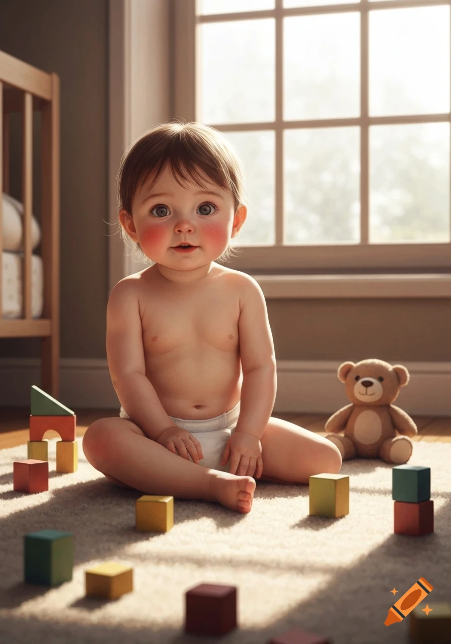 Photorealistic image of a baby in a diaper sitting on a rug with colorful building blocks and a teddy bear, bathed in sunlight.