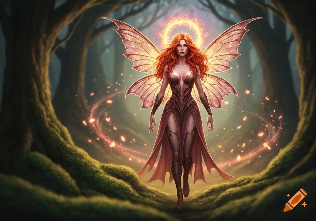 A powerful redhead fairy with glowing wings and a fiery halo walks through an enchanted, mossy forest.