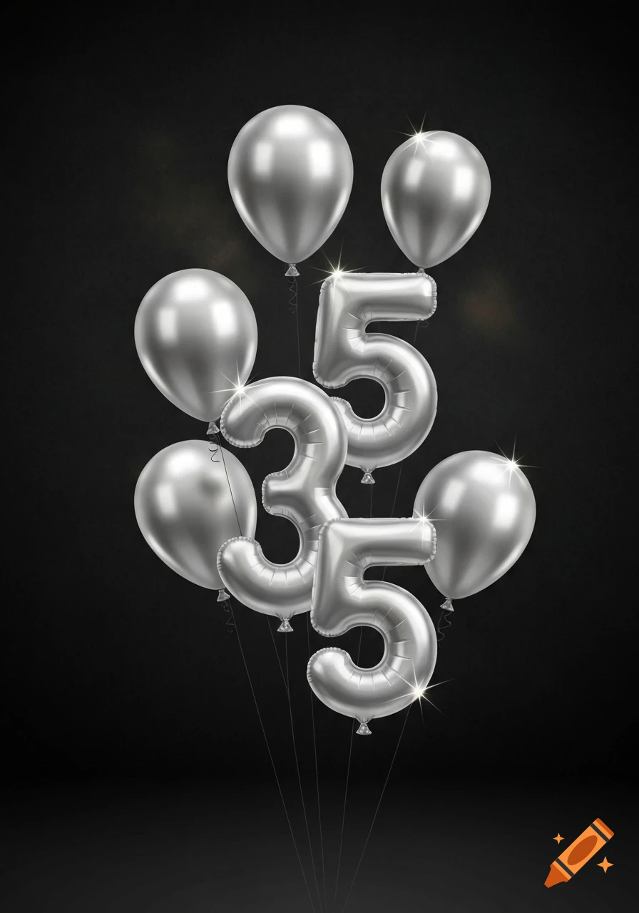 Silver balloons shaped like the number 35 float against a dark, textured background.