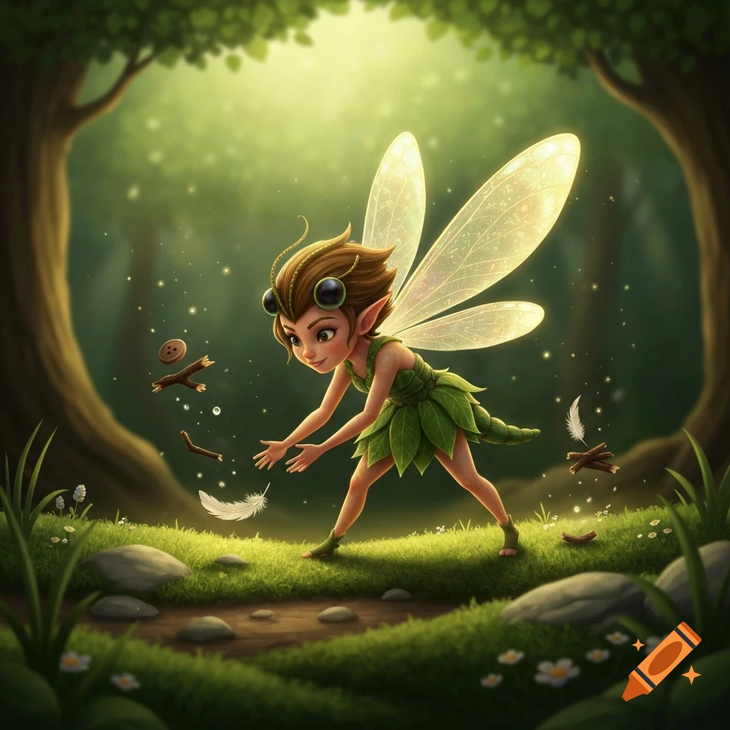 A cartoon fairy with large glowing wings, wearing a leaf dress, reaching for debris like sticks and a feather in a lush green forest.
