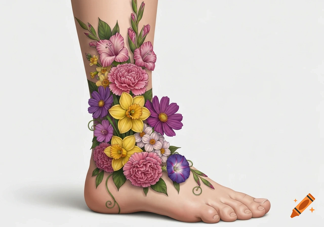 A foot adorned with a vibrant, colorful floral tattoo featuring carnations, daffodils, cosmos, gladiolus, and morning glory.