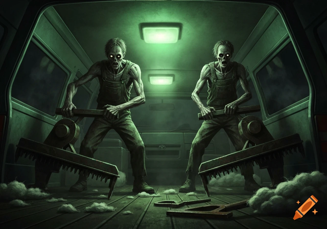 Two gaunt, glowing-eyed zombies in overalls hold shearing tools inside a dimly lit green van.