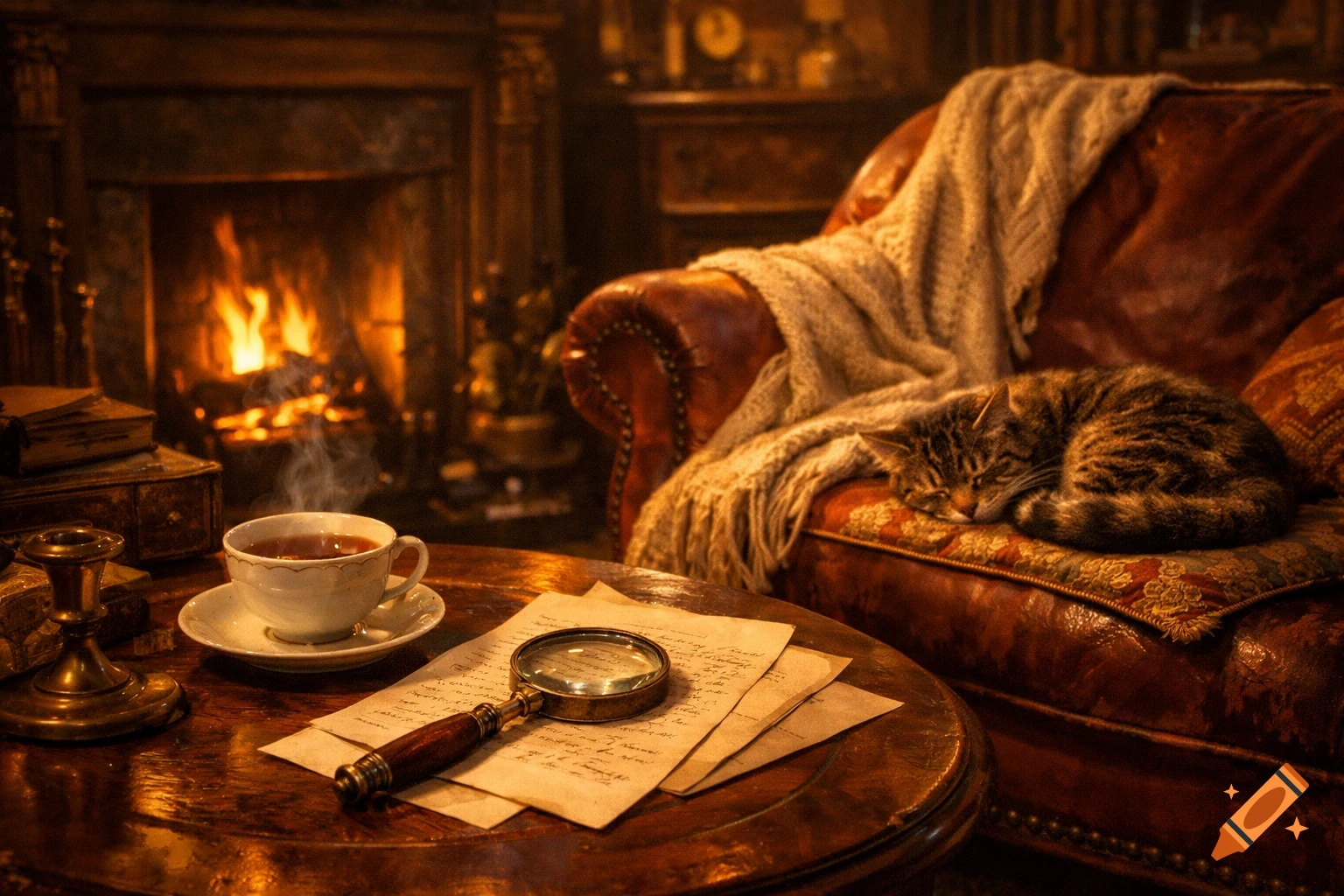 A cozy, warm English living room with a cat sleeping on a leather armchair by a fireplace, next to a table with a steaming cup of tea, papers, and a magnifying glass.
