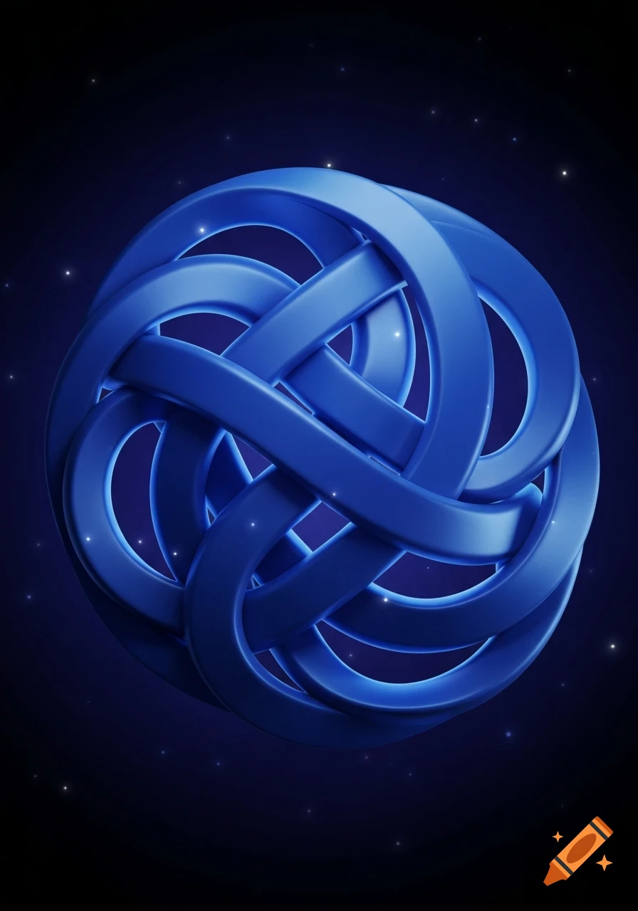 A vibrant blue 3D Celtic knot glows against a dark, starry background.