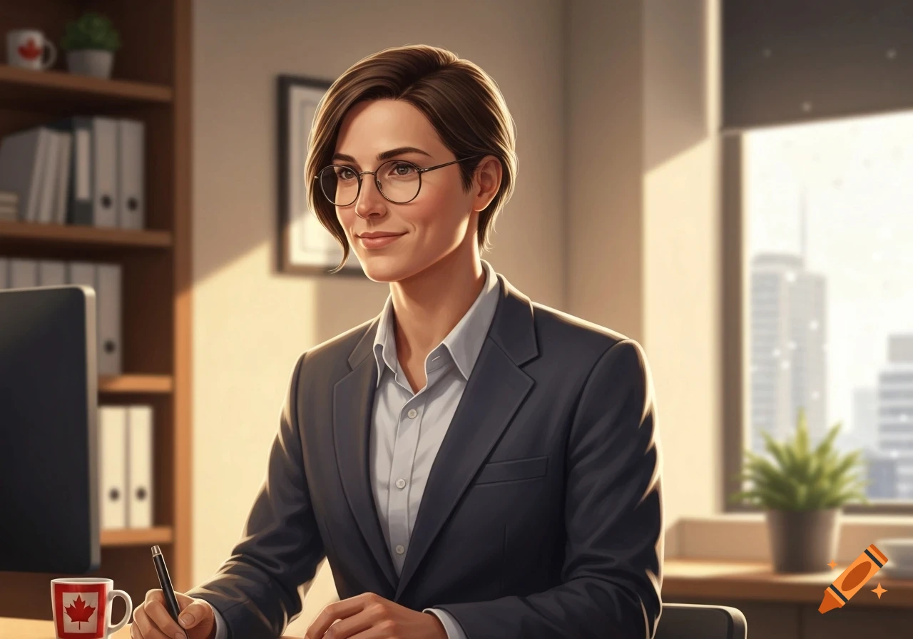 A smiling woman in a suit and glasses sits at an office desk with a Canadian flag mug and pen, looking into the distance.