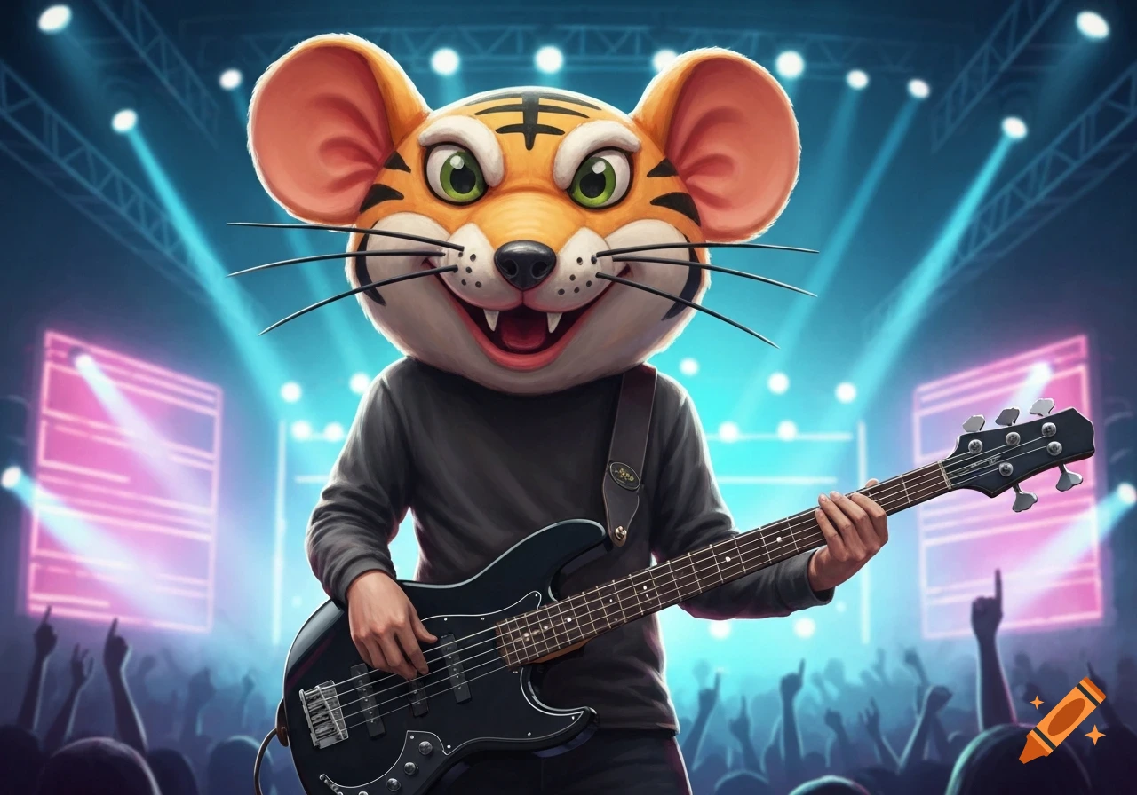 A cartoonish mouse-tiger mascot plays a bass guitar on a brightly lit stage in front of a cheering audience.