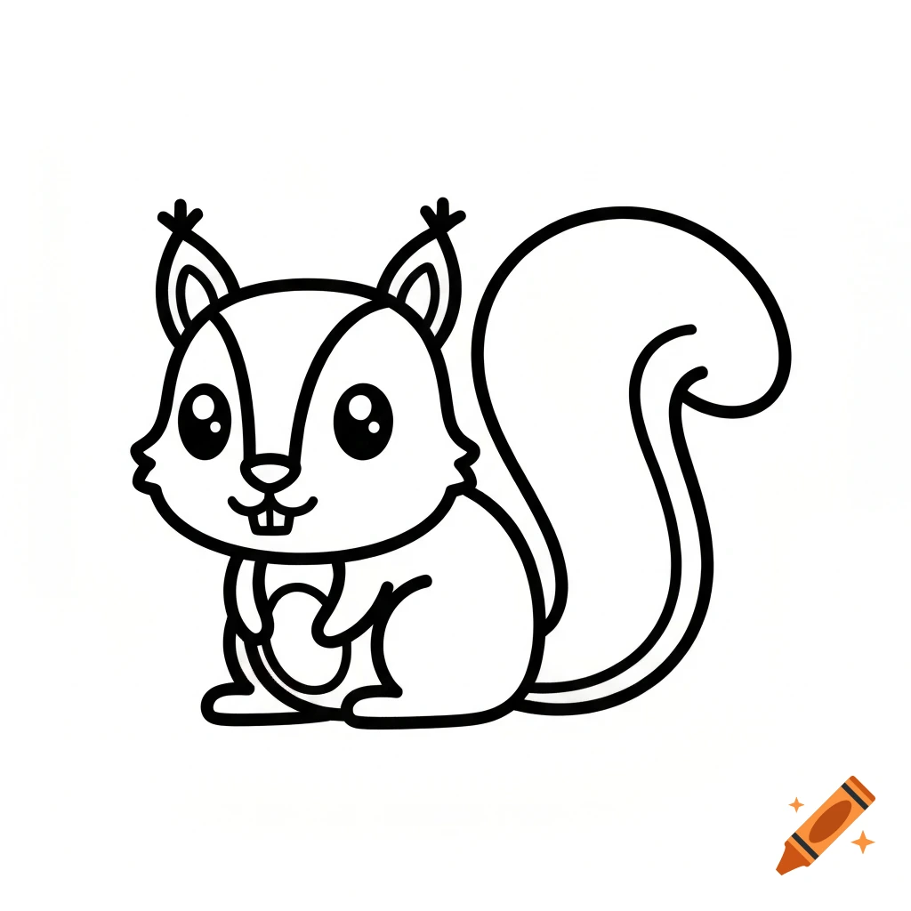 A cute cartoon squirrel with thick black outlines, suitable for a coloring page.