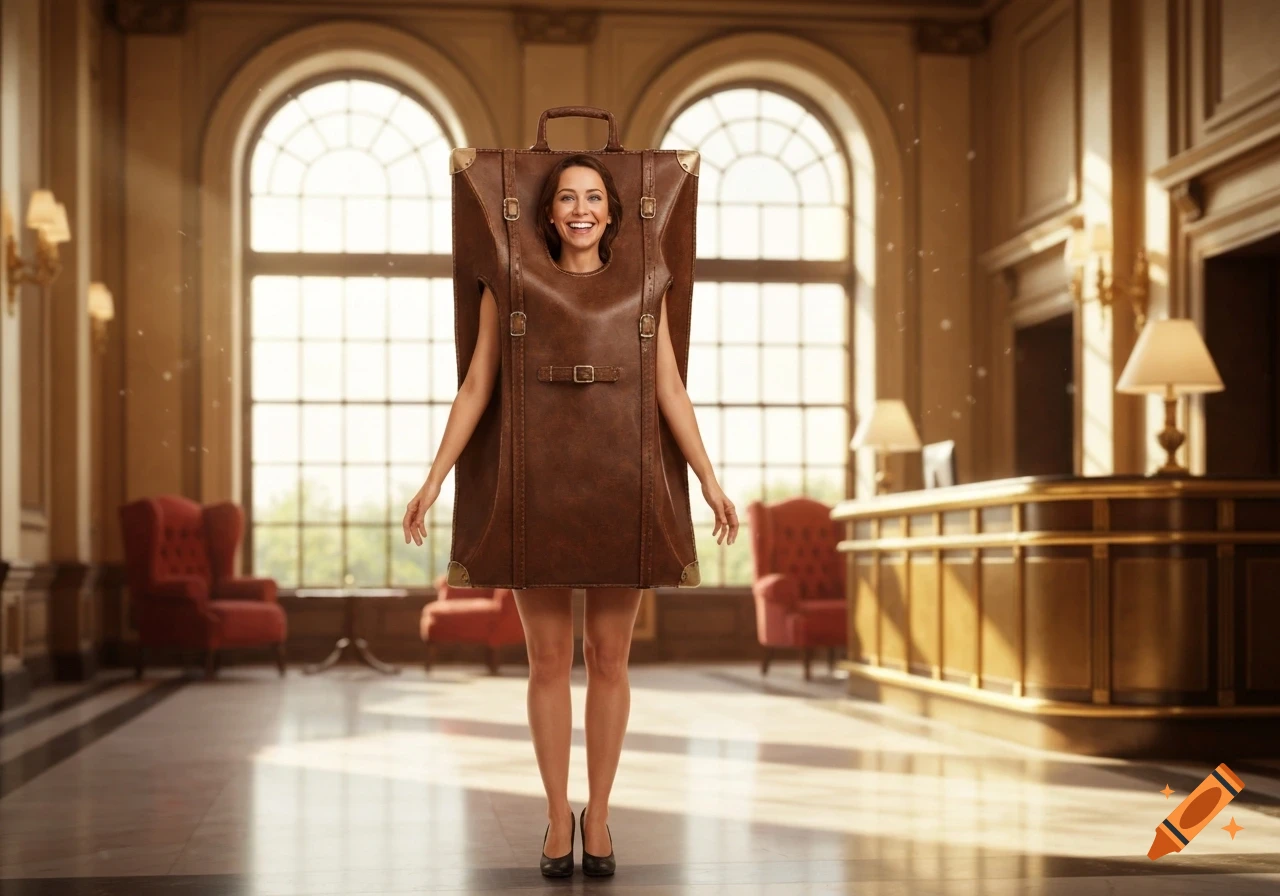 A smiling woman in a brown luggage bag costume stands in a luxurious hotel lobby with large arched windows. Photorealistic.