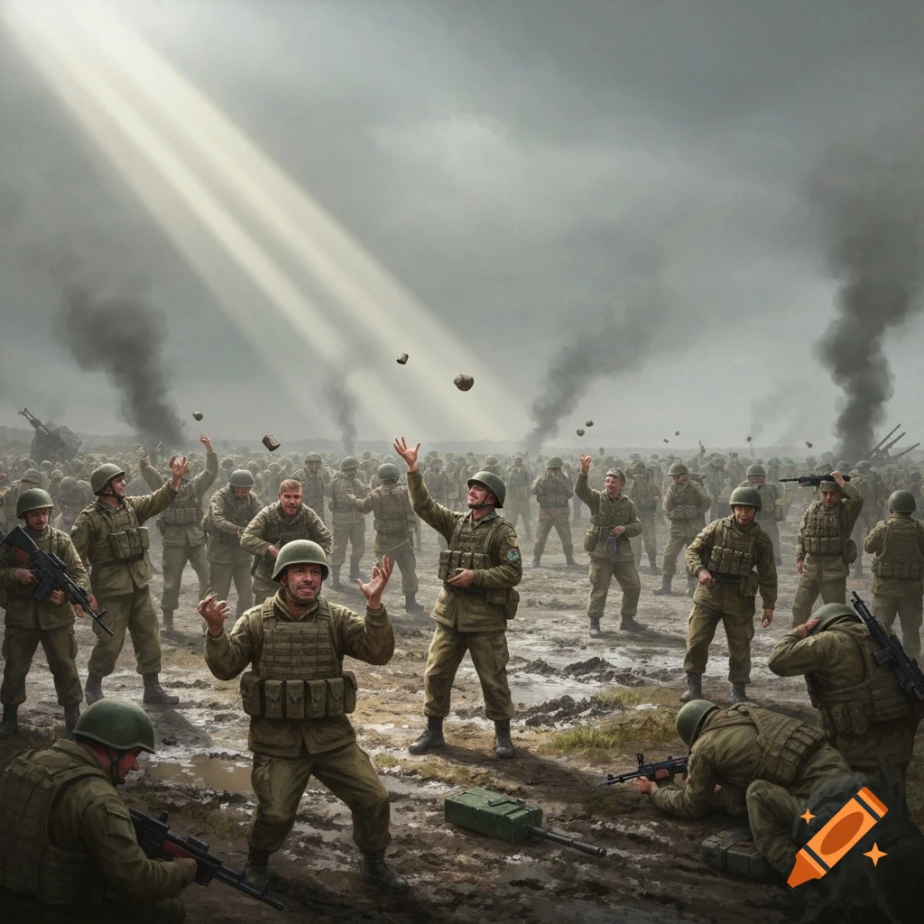 Soldiers in helmets and military uniforms playfully throw rocks in a muddy field under a smoky, cloudy sky with sun rays breaking through.