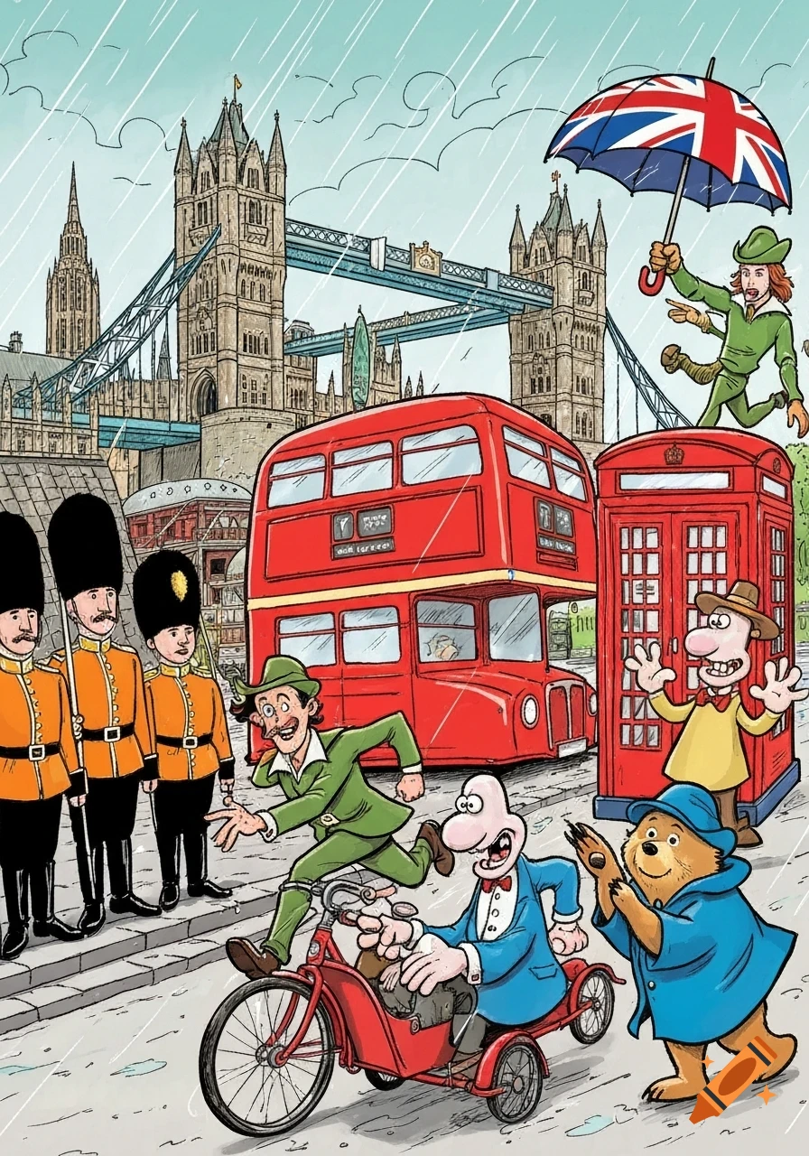 A bustling cartoon scene in London with Tower Bridge and a red double-decker bus. Characters include royal guards, Sherlock Holmes, Robin Hood, Wallace, Gromit, and Paddington Bear with a Union Jack umbrella in the rain.
