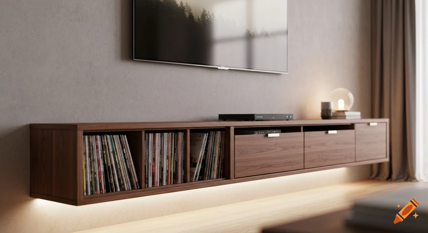 Modern wall-mounted wooden TV console with record album storage and drawers, a TV above it, and under-cabinet lighting.