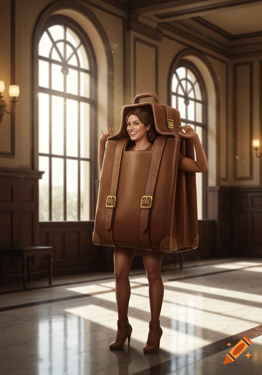 A smiling woman in a brown luggage bag costume stands in a grand hotel lobby.