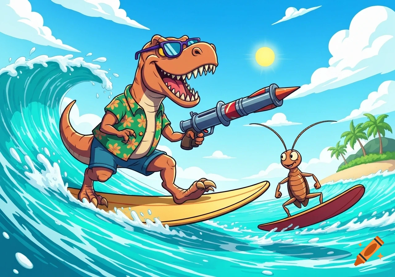 A cartoon dinosaur wearing sunglasses and a Hawaiian shirt surfs a wave, holding a rocket launcher at a surfing cockroach near a tropical island.