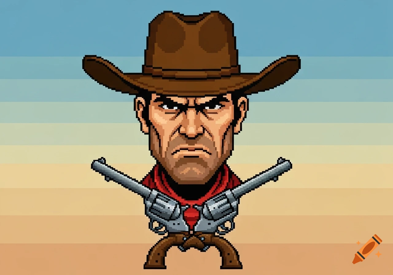 Stern pixel art cowboy head in a brown hat, with two crossed revolvers below against a striped sky.