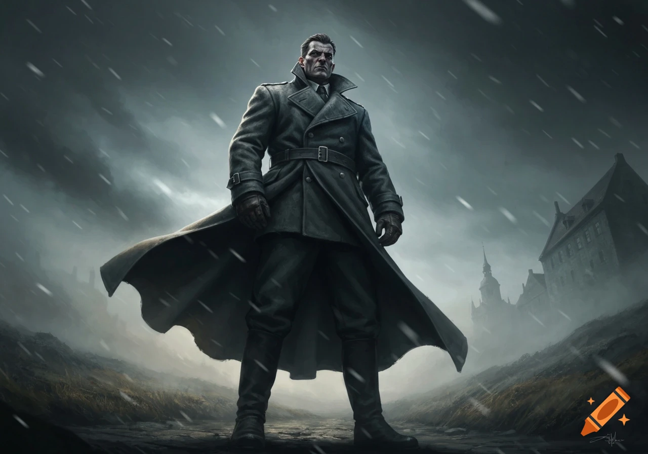 A powerful man in a dark trench coat stands tall in a snowy, dramatic landscape with old buildings under a cloudy sky.