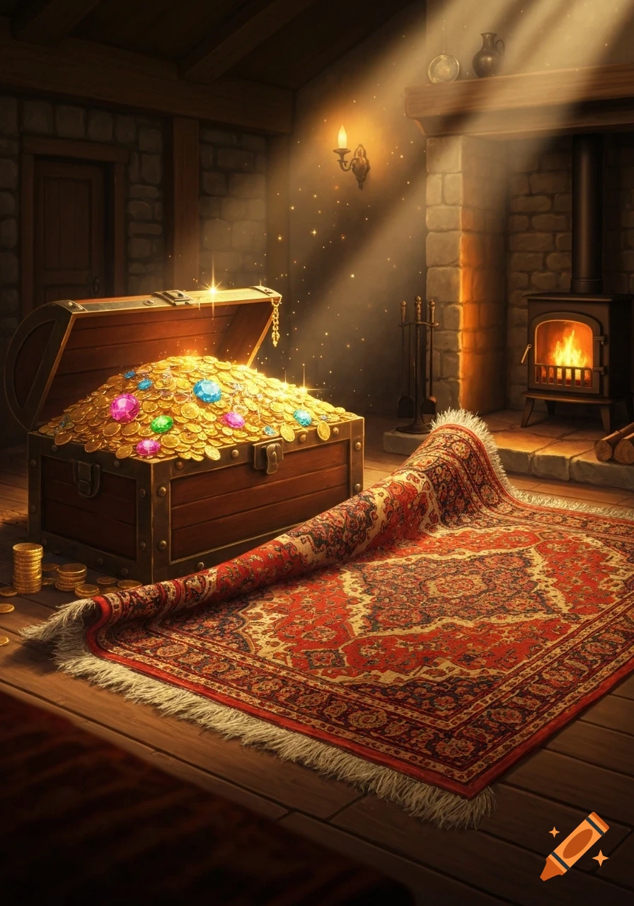 A glowing treasure chest filled with gold coins and colorful gems in a cozy room with a fireplace and a red rolled-up rug.
