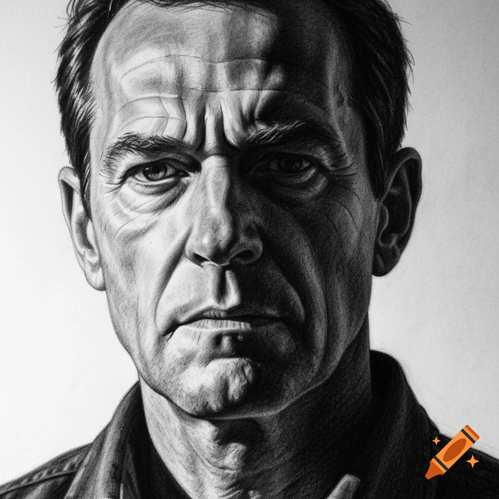 A high-contrast black and white charcoal portrait of a serious man with strong side lighting revealing facial textures.