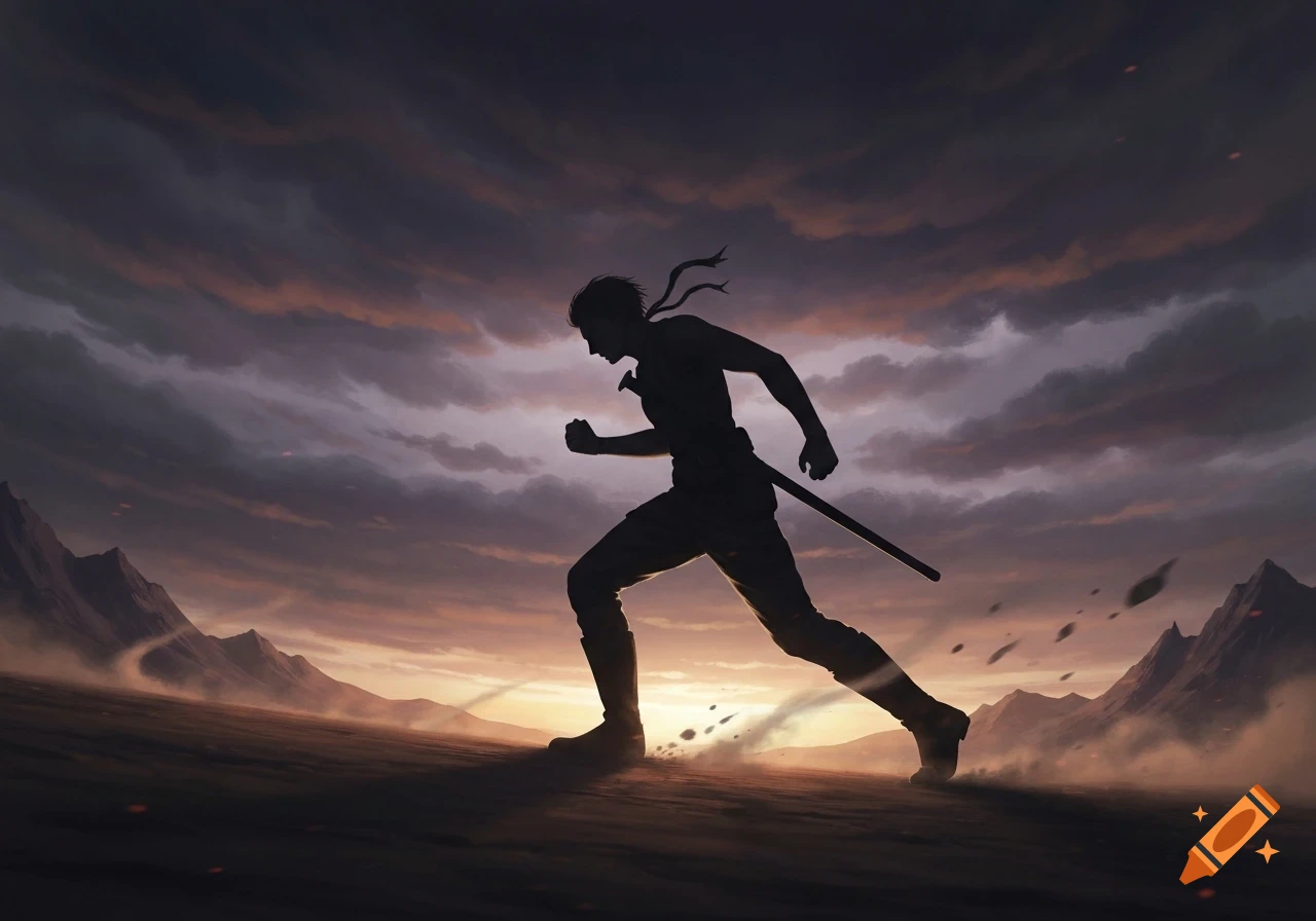Silhouette of a warrior running through a dusty desert landscape at sunset, with mountains in the background.