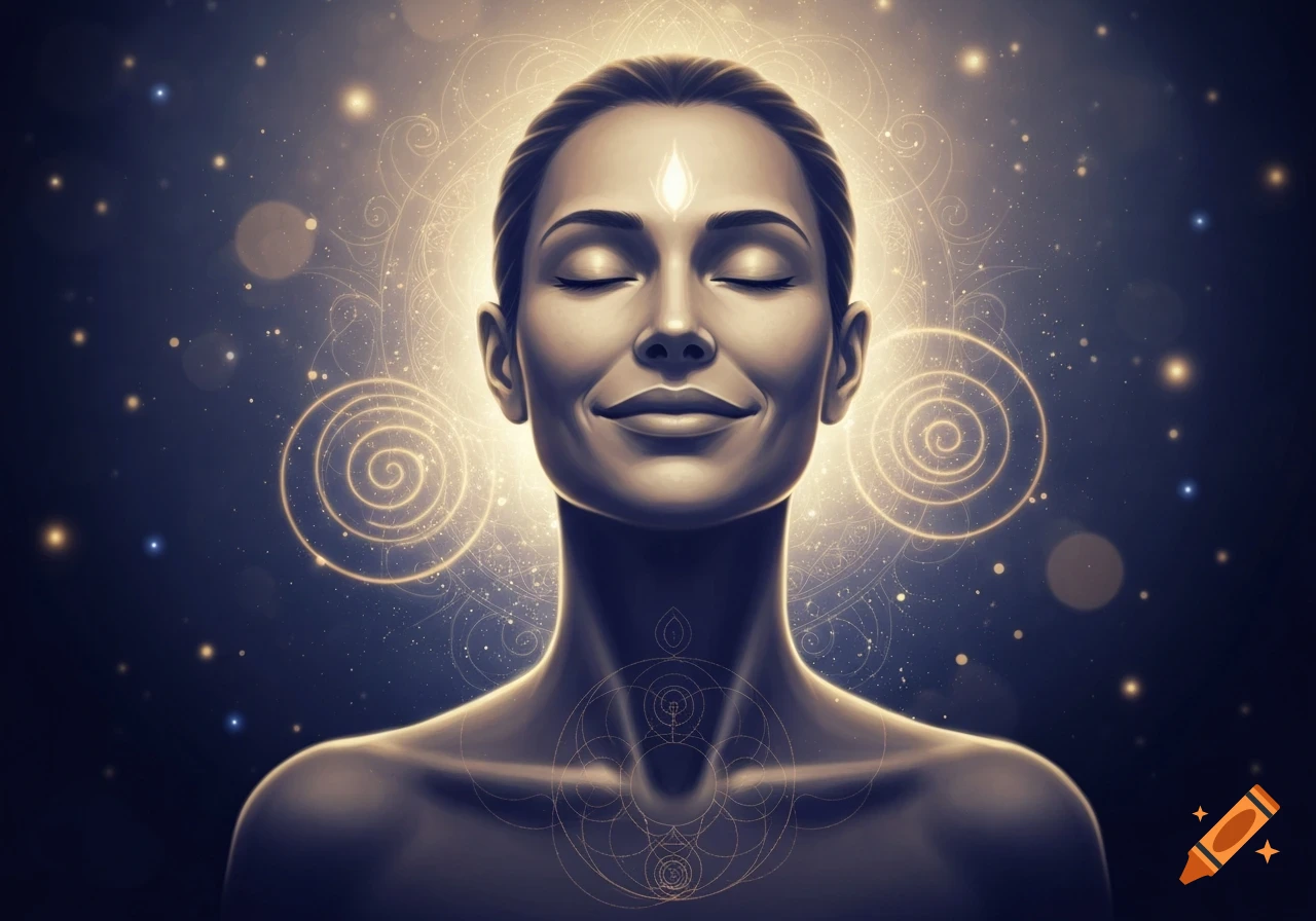 Close-up of a serene woman with closed eyes, radiating golden spiritual light and intricate patterns.